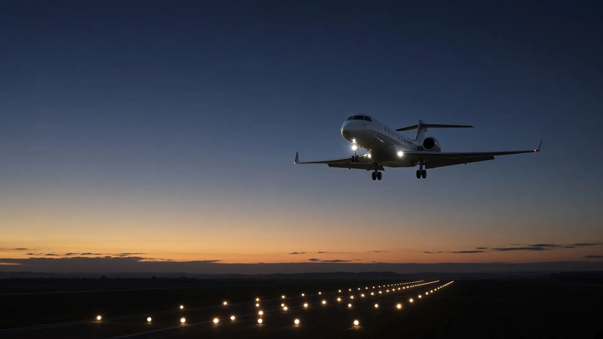 Business jet with gear down and landing lights on, descending on final approach over runway lights at dusk.