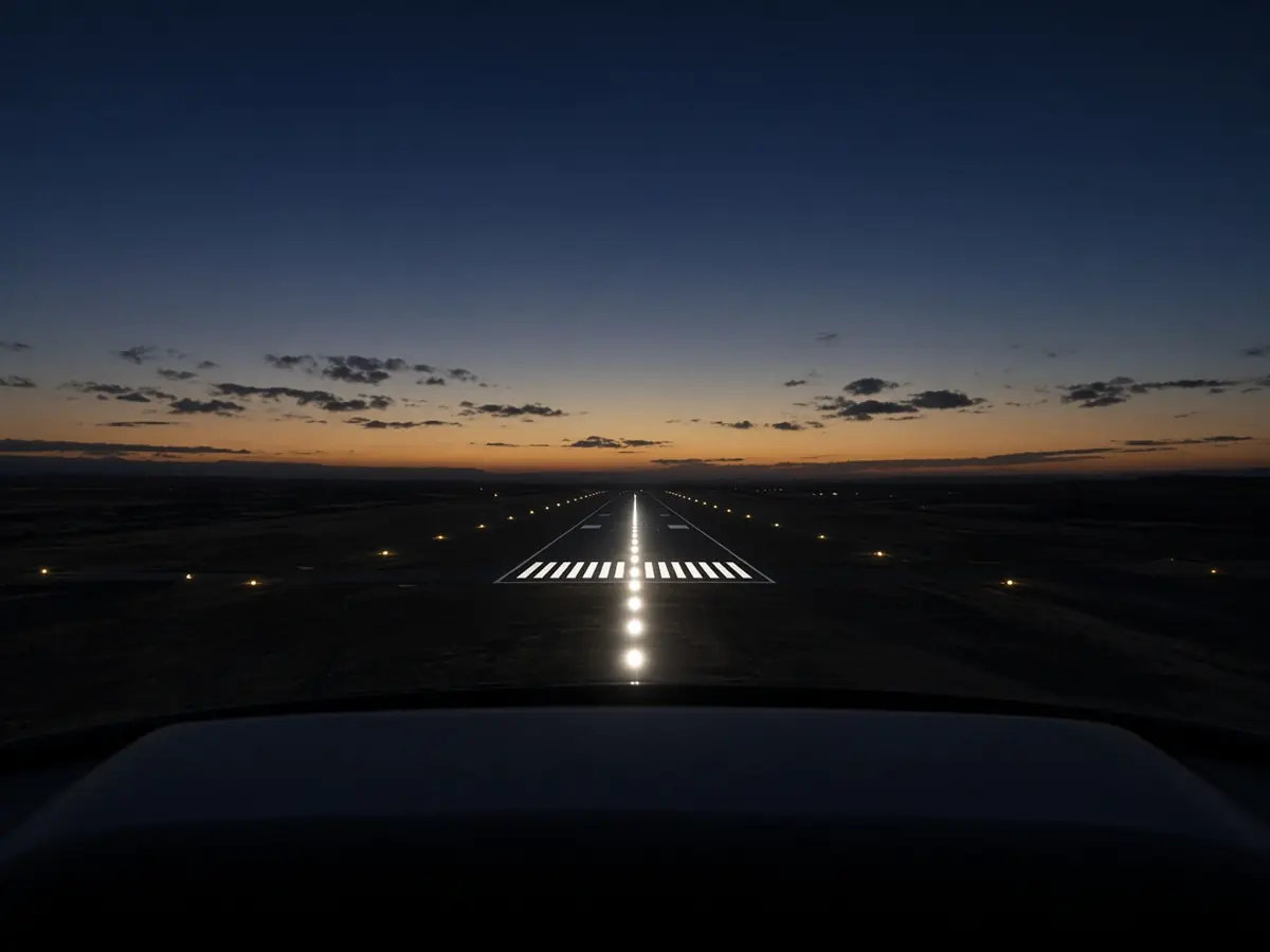View over a cockpit glareshield of a lit runway with threshold markings and centerline lights at dusk.