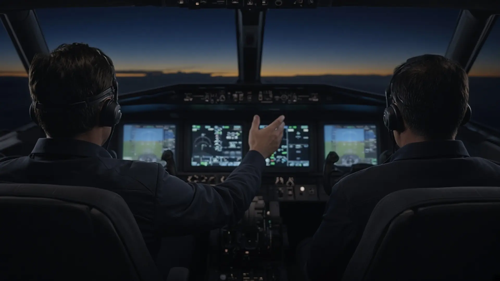 Two pilots seen from behind in a business jet cockpit at twilight, one pointing to the flight displays as they coordinate.