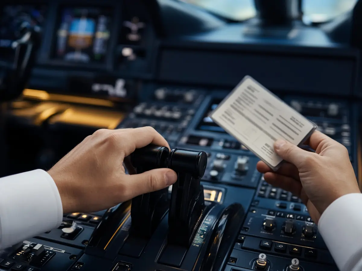 Close-up of pilots' hands in a business jet cockpit, one on the thrust levers and one holding a checklist card.