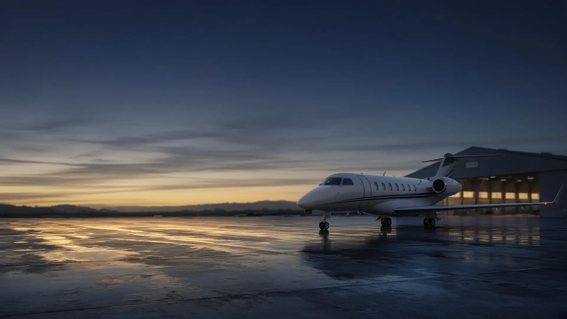 White business jet parked on a wet FBO ramp at dawn beside a lit hangar, with a gold glow on the horizon.