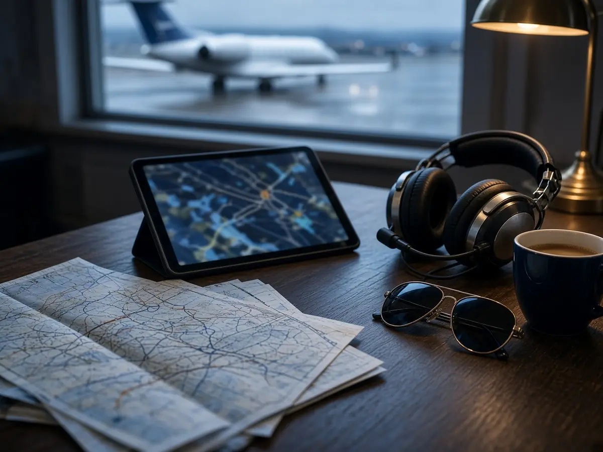 Flight planning desk with aeronautical charts, a tablet showing a map, a pilot headset, sunglasses and coffee, with a business jet visible outside the window.