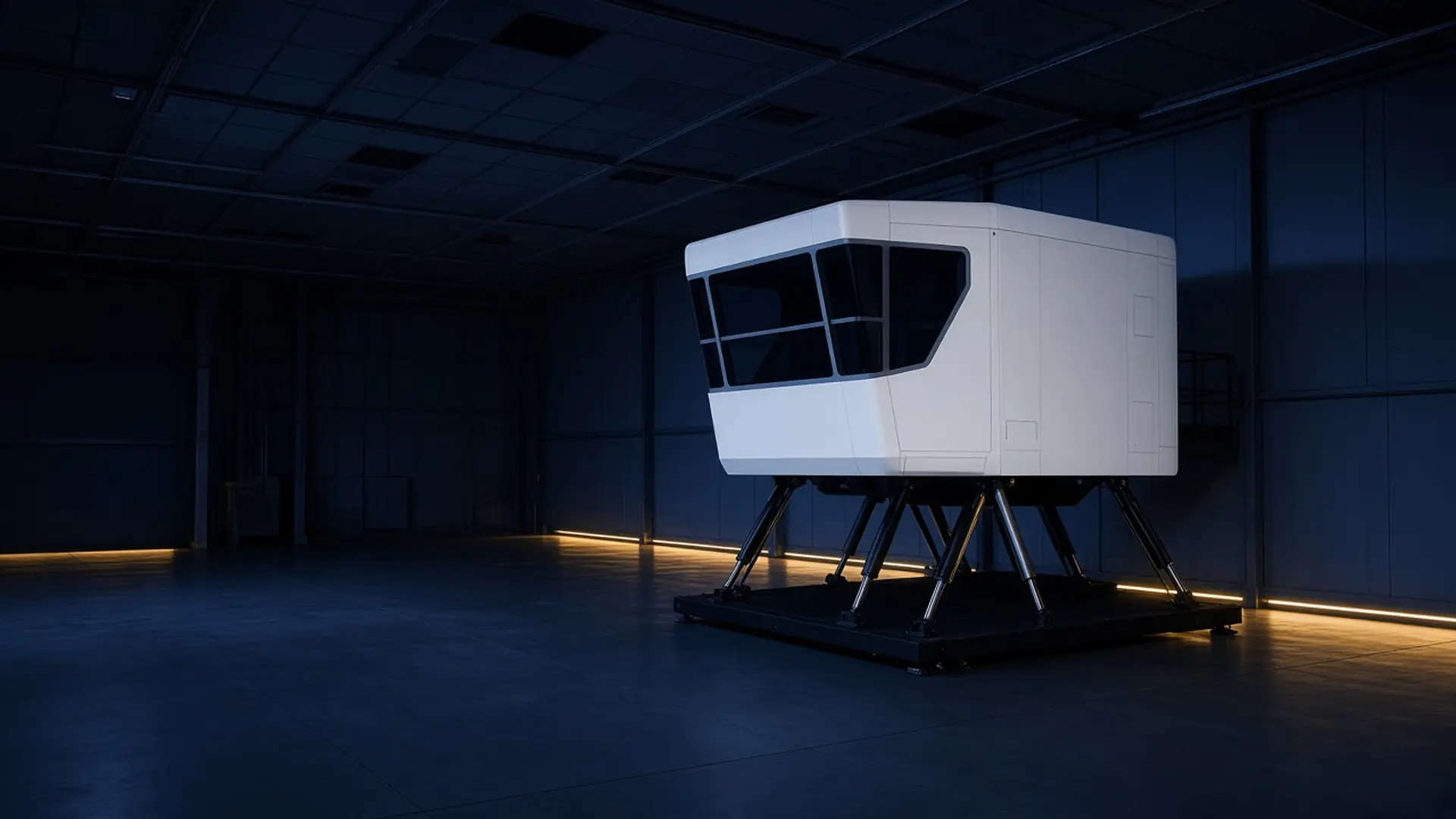 Full-flight simulator cab standing on hydraulic motion legs inside a dimly lit training bay.