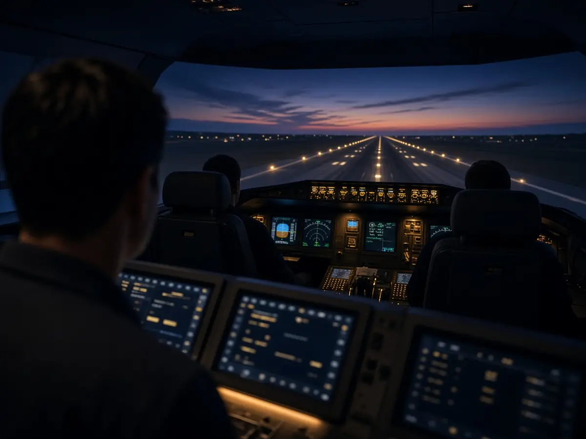 Simulator instructor seen from behind at the instructor station, watching two pilots fly a dusk runway approach on the visual display.